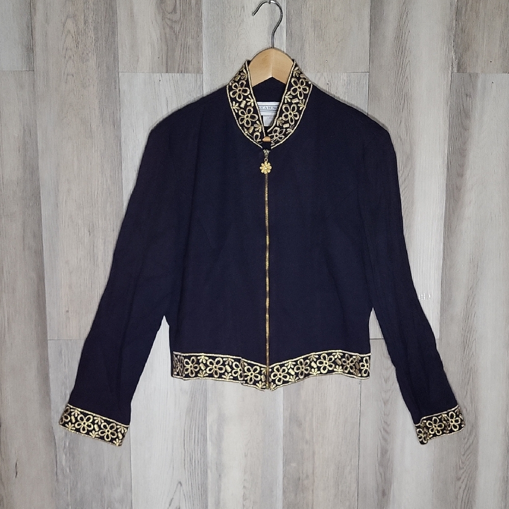 Vintage Jessica Howard Womens 14 Full Zip Blazer Embroidered Cropped Old Money